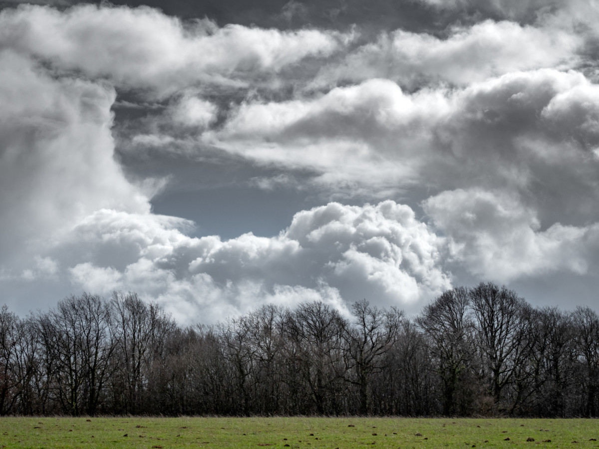 Des nuages gris au-dessus de la campagne