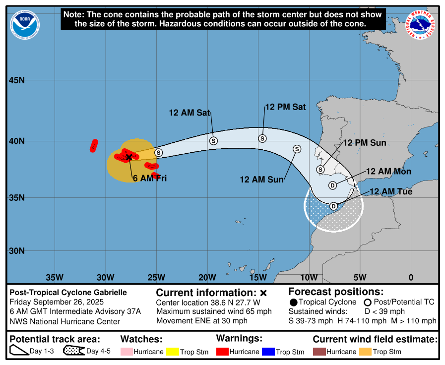 Trajet de la tempête tropicale Gabrielle
