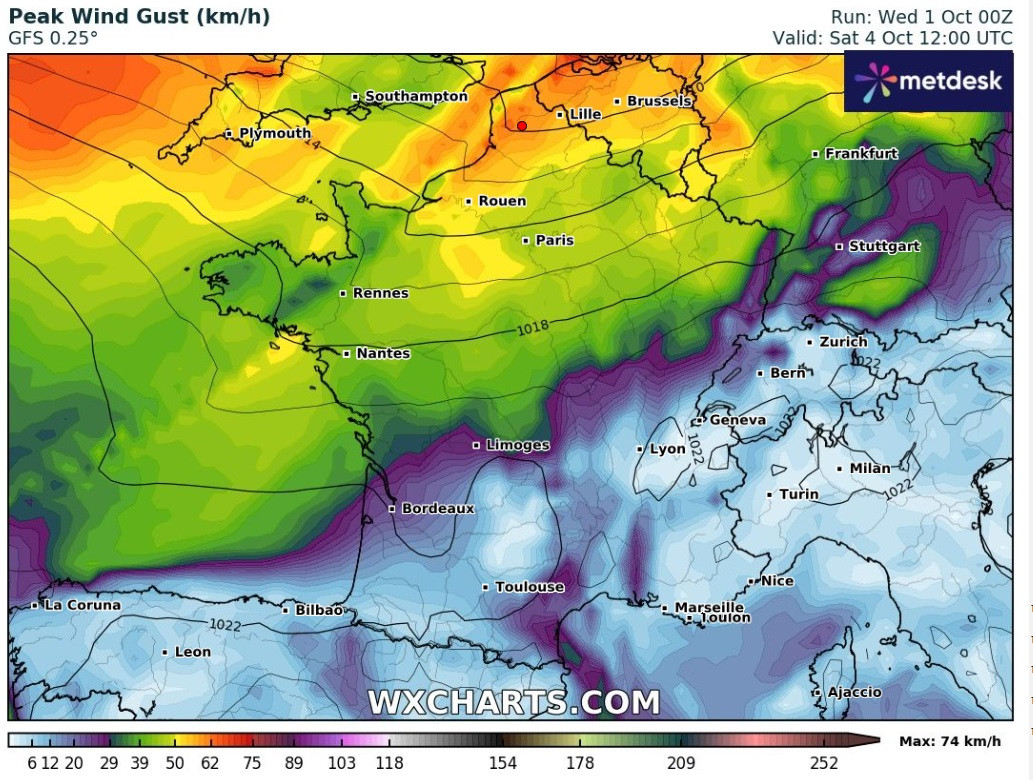 Carte des rafales de vent