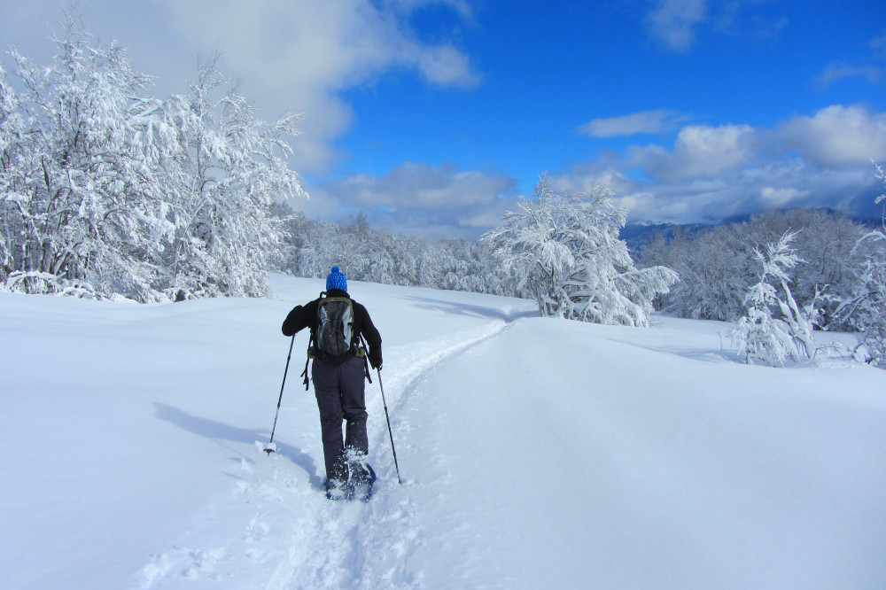 Un homme marche en raquette en montagne