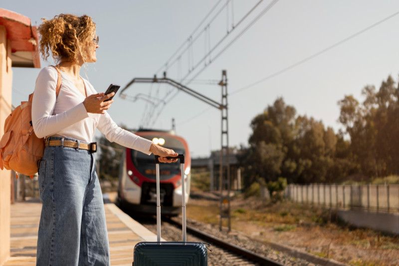Une femme prend un train à la gare