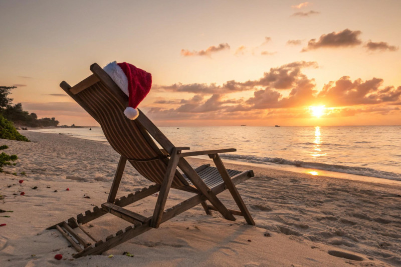 Un transat sur la plage avec un bonnet de père Noël