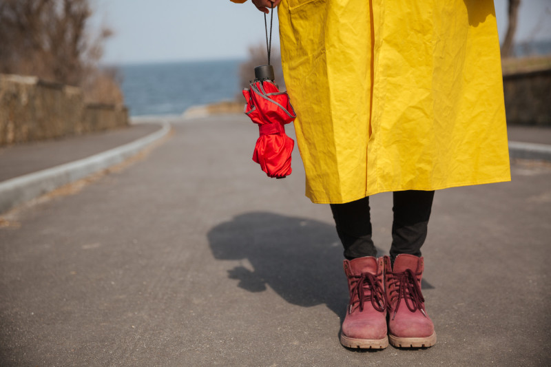 Vue sur les jambes d'une femme avec un imperméable et un parapluie