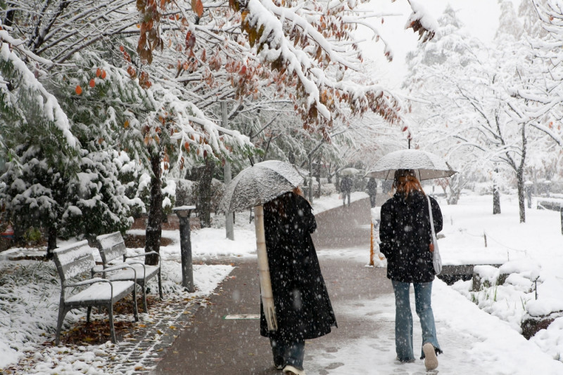 Vue de deux femmes marchant dans un parc sous la neige