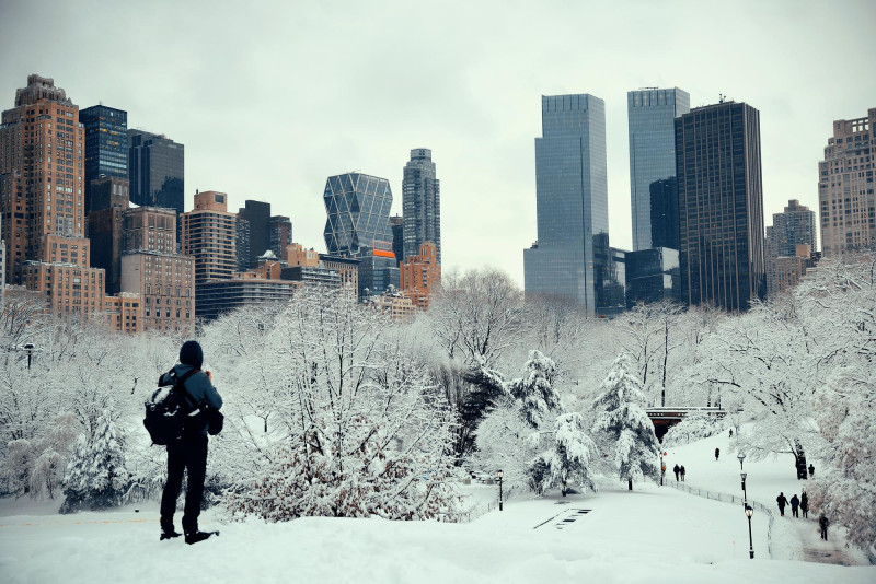 Un homme debout dans Central Park enneigé
