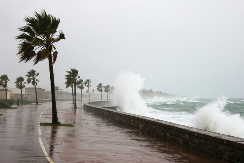Digue submergée par des vagues pendant une tempête