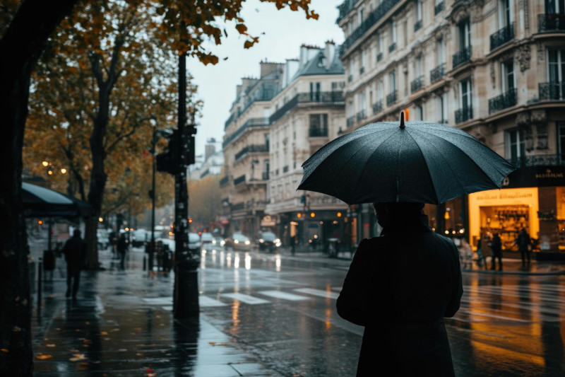 Une personne marche dans Paris avec un parapluie