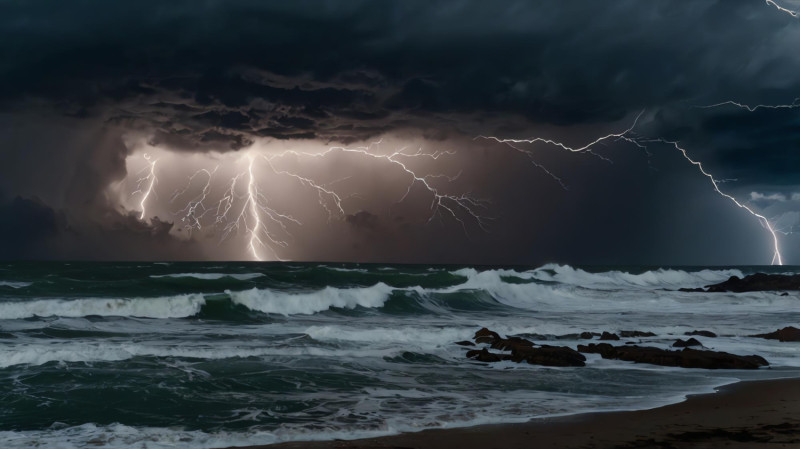 Une tempête et un orage au-dessus de la mer