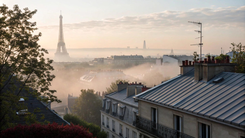 Paris avec un banc de brume