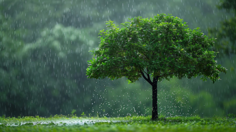 De la pluie tombe près d'un arbre