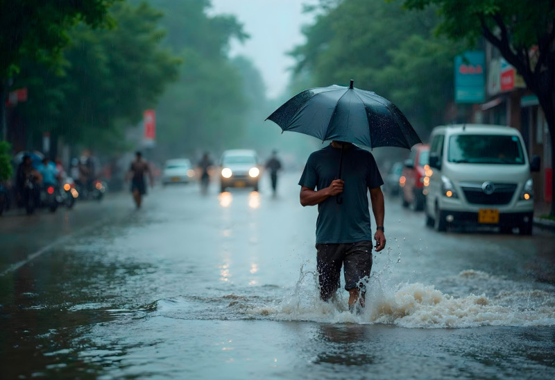 Un homme marche dans une rue inondée