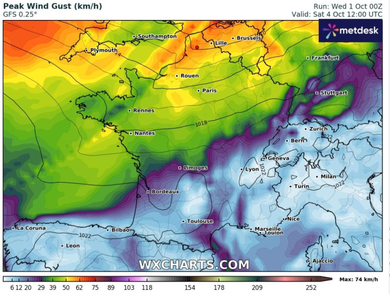 Carte des rafales de vent