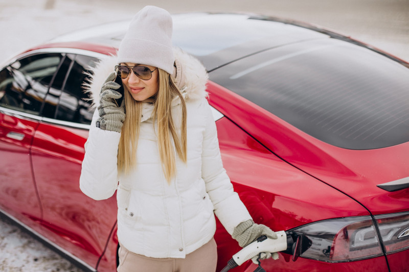 Une femme charge une tesla en hiver