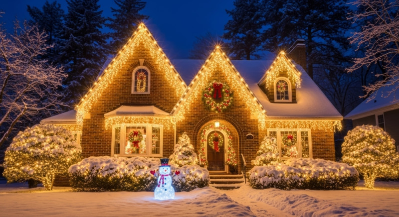 Maison illuminée pour noel sous la neige