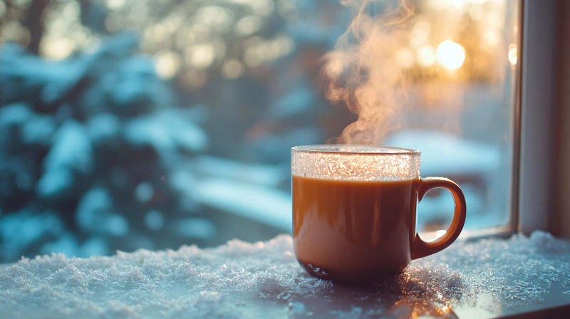 Tasse de chocolat chaud posée sur un appui de fenêtre
