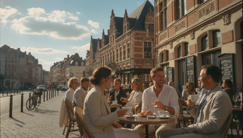 Terrasse animée à Lille sous un ciel ensoleillé avec des passants profitant du beau temps