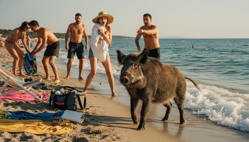 Sanglier sur la plage de l’Almanarre face à des baigneurs surpris au bord de la mer