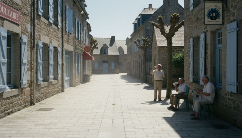Rue d'un village ancien sous une canicule à 39°C avec trois hommes cherchant de l'ombre et s'hydratant