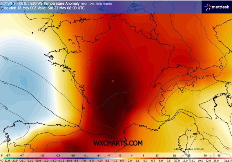Anomalie de températures pour samedi 23 mai