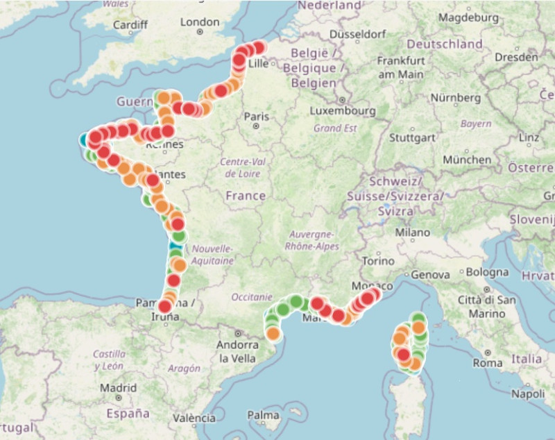 Carte des plages polluées en France