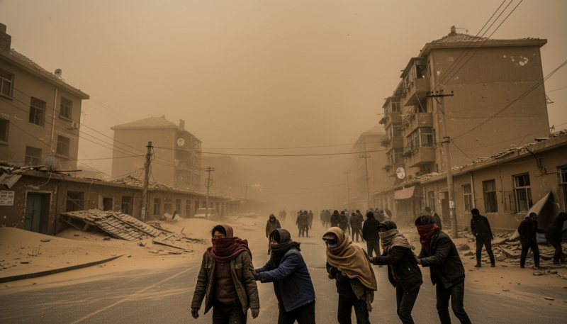 Personnes marchant dans une rue balayée par une tempête de sable en Chine nord-est