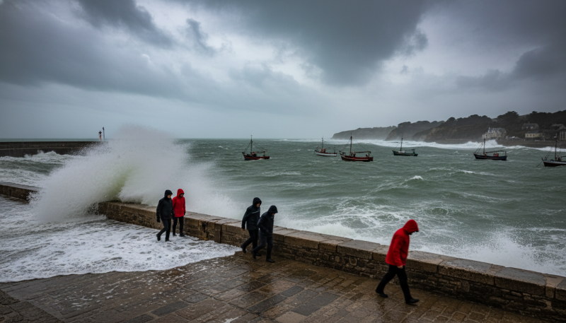 Personnes en manteaux imperméables marchant près d'une mer agitée et battue par le vent en Normandie