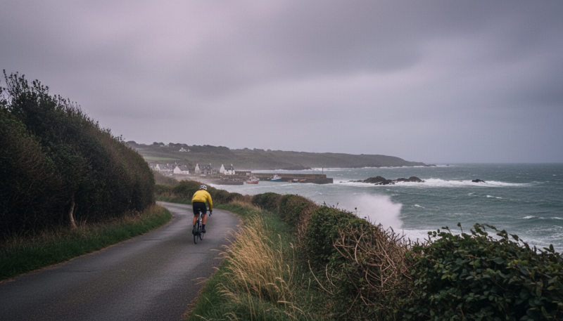 Cycliste en jaune sur une route côtière venteuse en Bretagne avec mer agitée et ciel nuageux