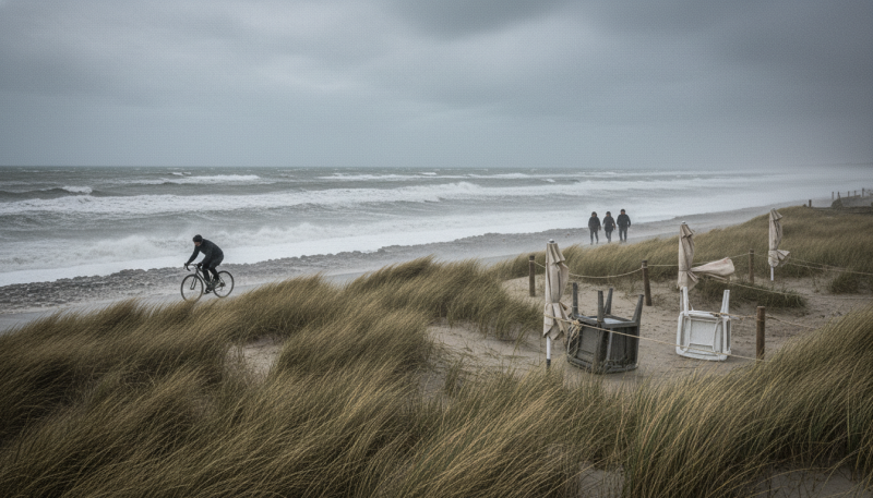 Cycliste et promeneurs sur une plage venteuse en Nouvelle-Aquitaine avec mobilier urbain sécurisé