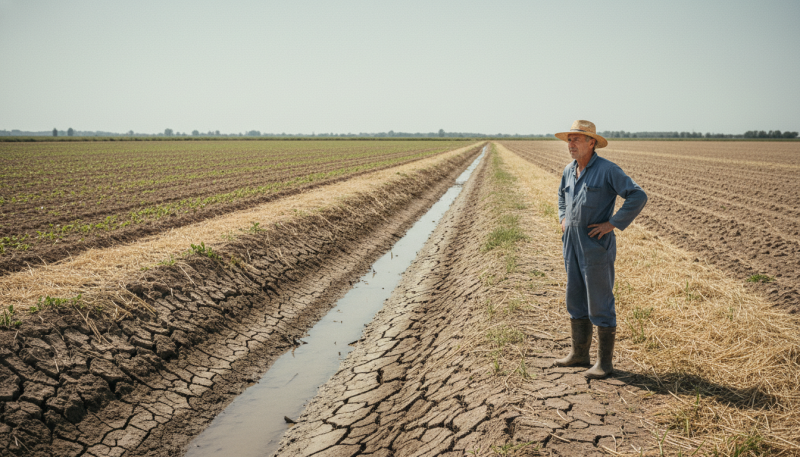 Agriculteur debout près d'un canal asséché dans un champ en période de sécheresse au printemps 2026