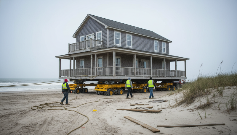 Maison sur roulettes déplacée sur une plage en bord de mer avec trois ouvriers en gilets de sécurité
