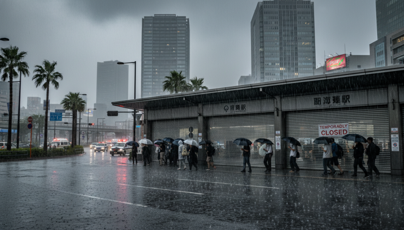 Personnes sous la pluie avec parapluies devant une station fermée à Tokyo lors de la tempête tropicale Jangmi
