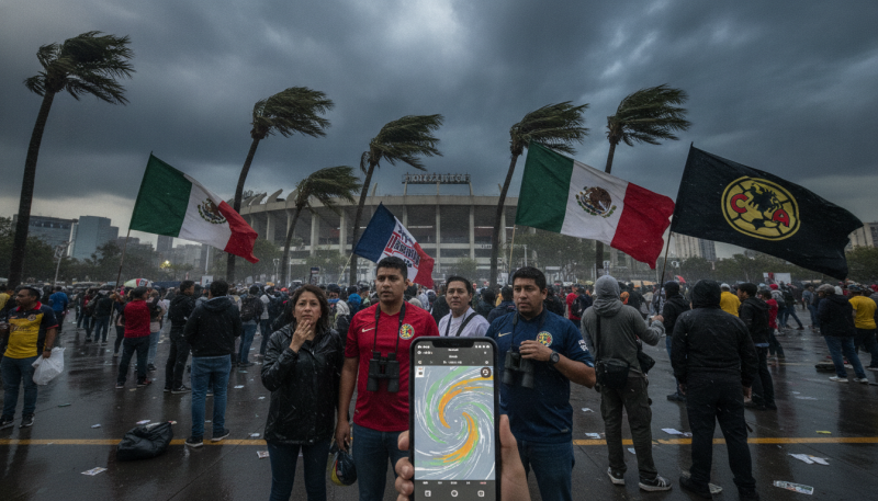 Supporters devant l'Estadio Azteca sous un ciel orageux avec des drapeaux mexicains avant la Coupe du Monde 2026