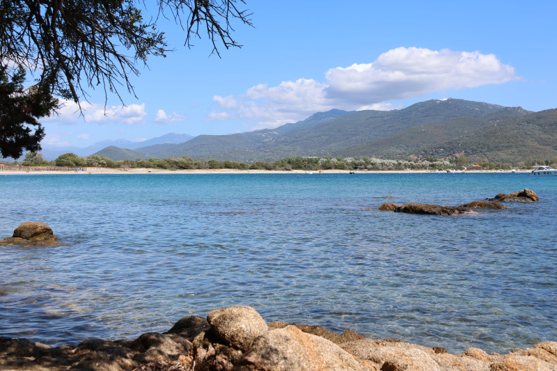 Scène de plage sereine avec des eaux bleues limpides et un décor montagneux sous un ciel bleu.