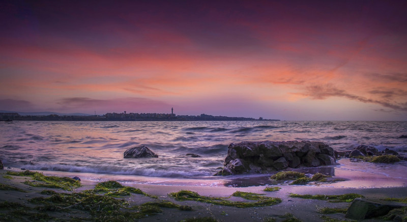 summer, beach, sunrise, ciel, water, wave, sea, ocean, holiday, voyage, nature, landscape, sun, morning, seascape, rock, sand, relax, colors