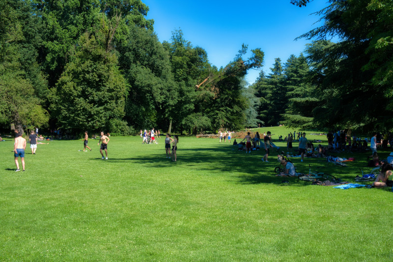 People relax and play on a sunny green field.