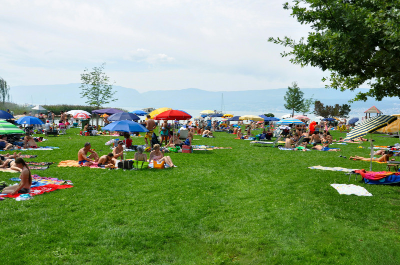 Crowded lakeside beach park with people relaxing on green grass under colorful sun umbrellas on a summer day.