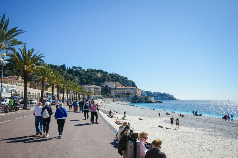 People stroll along a sunny beach promenade with palm trees.