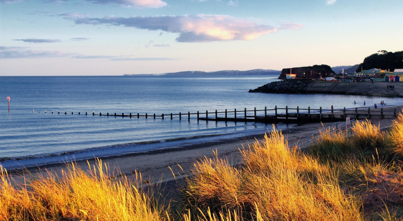 plage, côte, dawlish, devon, côtier, mer, bord de mer, front de mer, rive, sable, scène, ciel, nature, nuage, paysage, l'été, angleterre, uk, ville