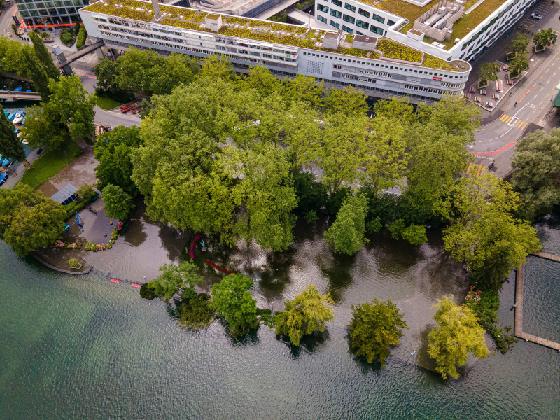 This evocative aerial shot captures the subtle power of nature as the Reuss river overflows into a lakeside park in Lucerne. Large, leafy plane trees stand partially submerged, their reflections shimmering in the shallow floodwaters that have claimed the 