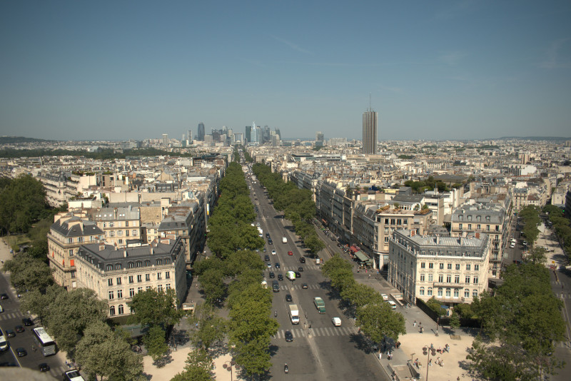Vue aérienne de Paris mettant en valeur l'architecture historique le long d'un large boulevard sous un ciel dégagé.