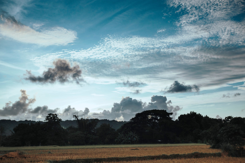 Beau paysage de campagne avec ciel bleu et nuages capturé à l'aube. Scénario rural paisible.