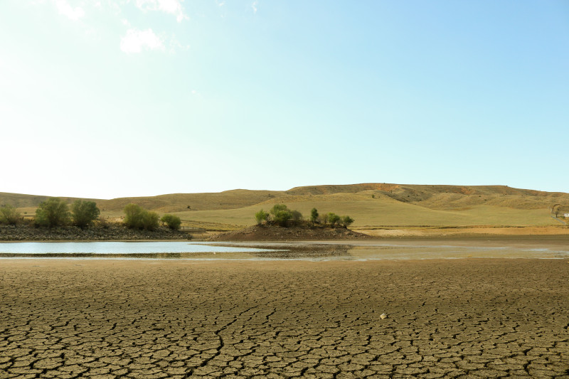 Un vaste paysage aride montrant une terre craquelée, de l'eau et de la végétation éparse sous un ciel dégagé.