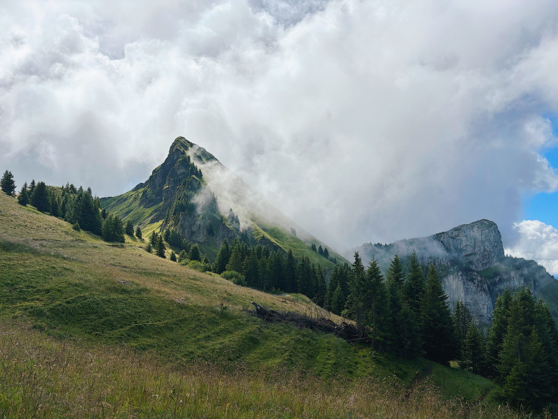 Vue imprenable sur des sommets alpins escarpés entourés d'une verdure luxuriante et de nuages spectaculaires.