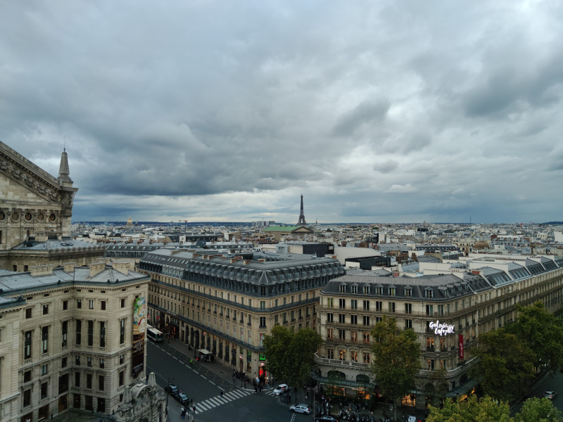 Une vue panoramique époustouflante de Paris mettant en avant la célèbre Tour Eiffel sous un ciel nuageux.