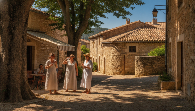 Trois femmes en robes légères s'abritent sous un arbre dans un village ensoleillé d'Occitanie