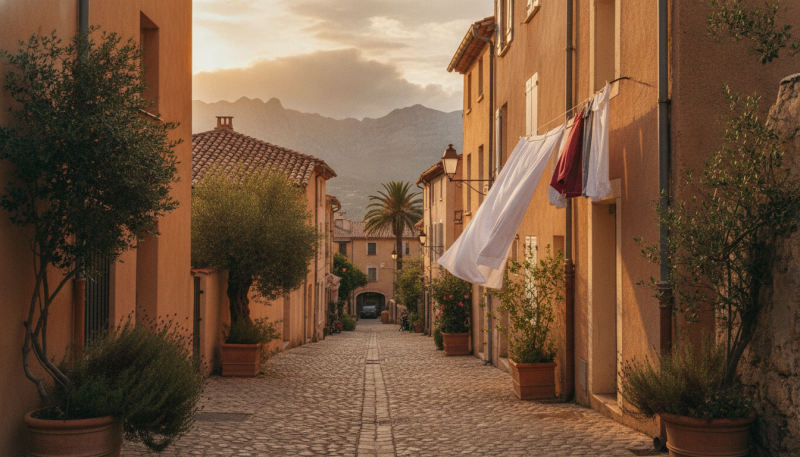 Rue pavée en Provence avec linge qui sèche, façades ocres et montagnes en arrière‑plan