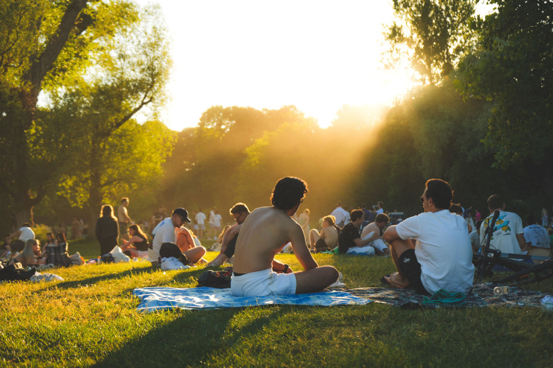 Des gens profitant d'une journée ensoleillée avec des pique-niques dans un parc verdoyant, capturant une ambiance estivale décontractée.