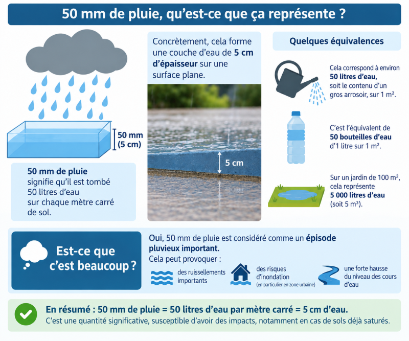 Infographique explicative sur ce que représente 50 mm de pluie