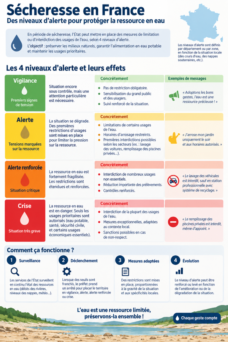 Les différents niveaux d'alerte de sécheresse en France
