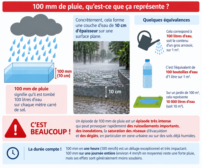Infographique explicative sur ce que représente 100 mm de pluie